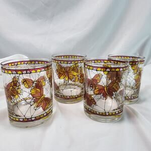 4" Rocks Glasses Juice Tumbler Stained Glass Butterfly MCM Cera Barware Set of 4